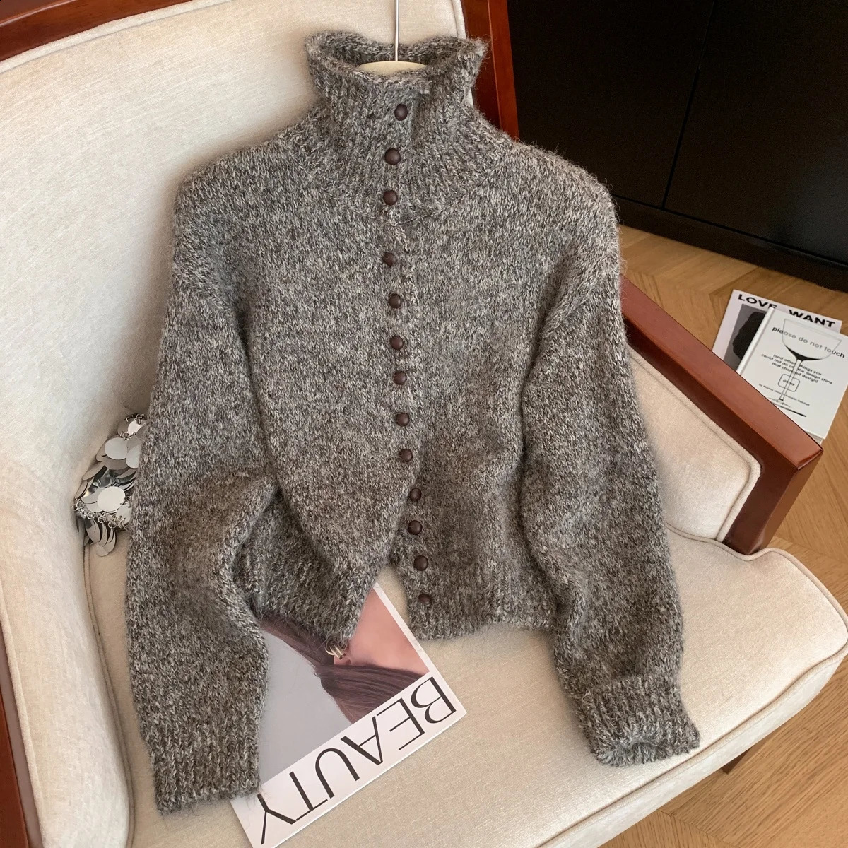 Womens Turtleneck Cardigan Sweater Y2k Vintage 2000s Jumper Knitwear Long Sleeves Korean Soft Cozy Sweater Autumn Winter 260129BJ