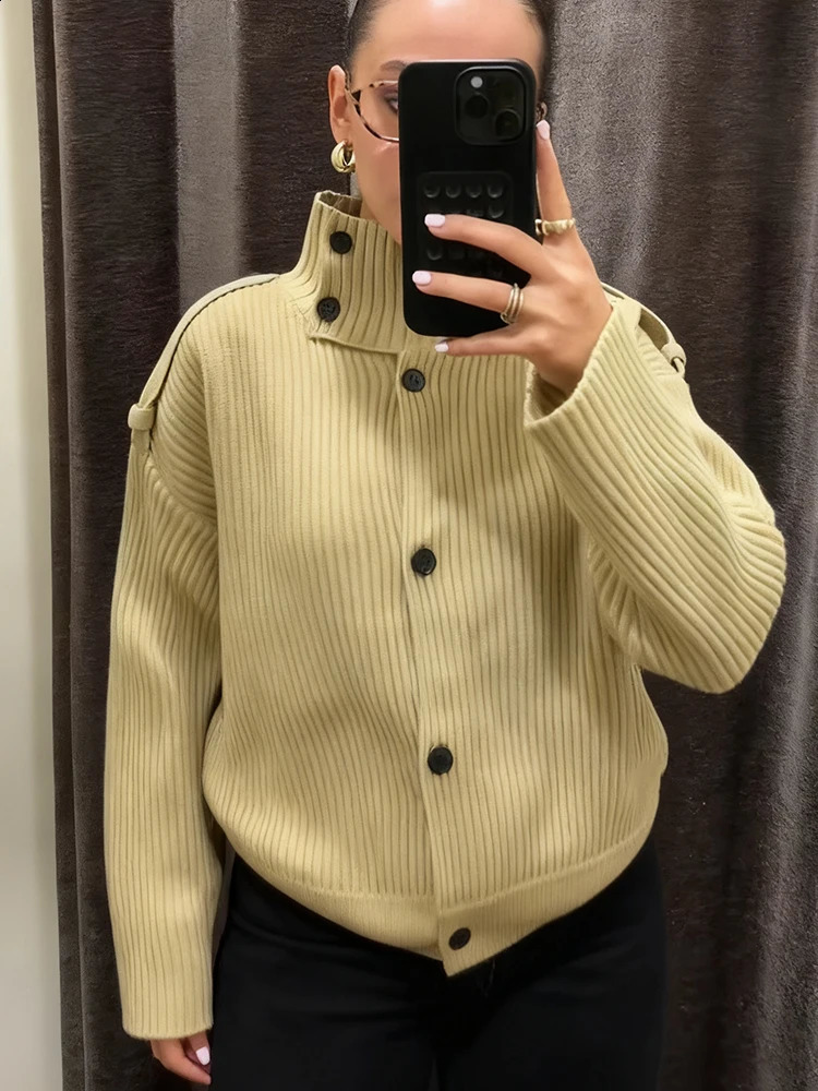 Elegant Stand Collar Knitted Sweater For Women Y2K Chic Long Sleeve Single Breasted Cardigan Lady Street Evening Party Knitwear 260129BJ