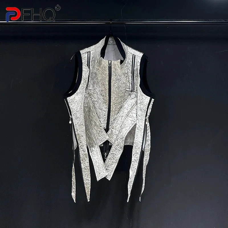 PFHQ Hign Street Mens Waistcoat Personality Ribbon Spliced Zipper Decoration Sleeveless Fashion Male Vest Summer 21E6882 260129BJ