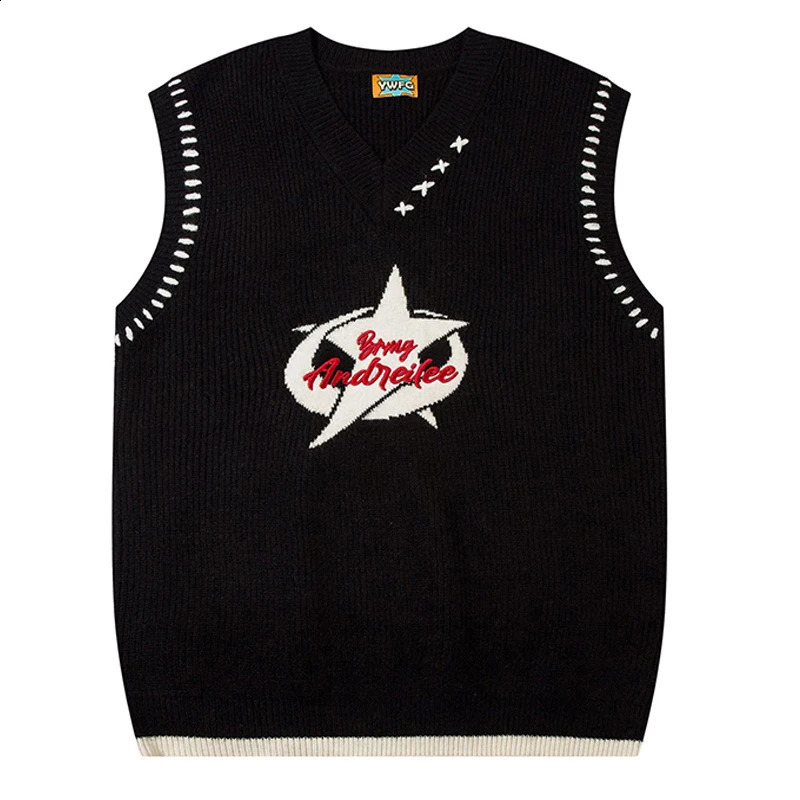 Mens Sleeveless V-neck Vest Sweater Harajuku Vintage Color Matching Embroidery College Knit Pullover Women Casual Loose Jumpers 260129BJ