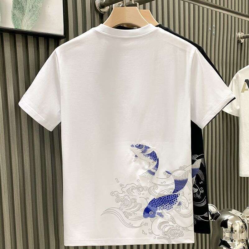 Men's T Summer New Trendy Water Play Embroidered Short Sleeve Chinese Style Koi Fish Fashionable Versatile Base Shirt