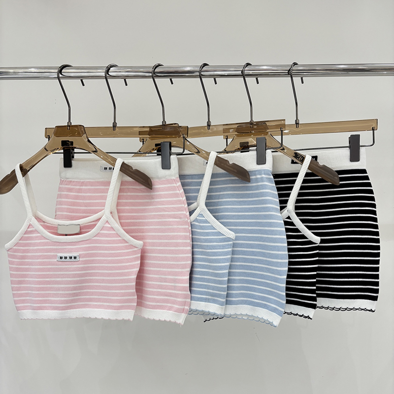Women Y2K Knit Cami Top Mini Skirt Set Chic Cropped Striped Tank Tops High Waisted Wrap Skirt Outfits