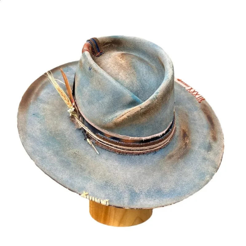 Retro Pure Wool Jazz Hat with Webbing Feather Decoration Distress Felt Top Autumn Winter Warm Wide Brim Fedora Hats 260206