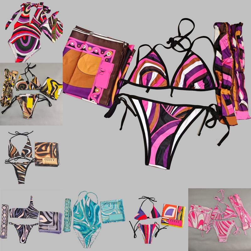 Designer coloré imprimé maillots de bain femmes sexy triangle bikini ensemble marque maillots de bain avec écharpe bandeau luxe été plage maillot