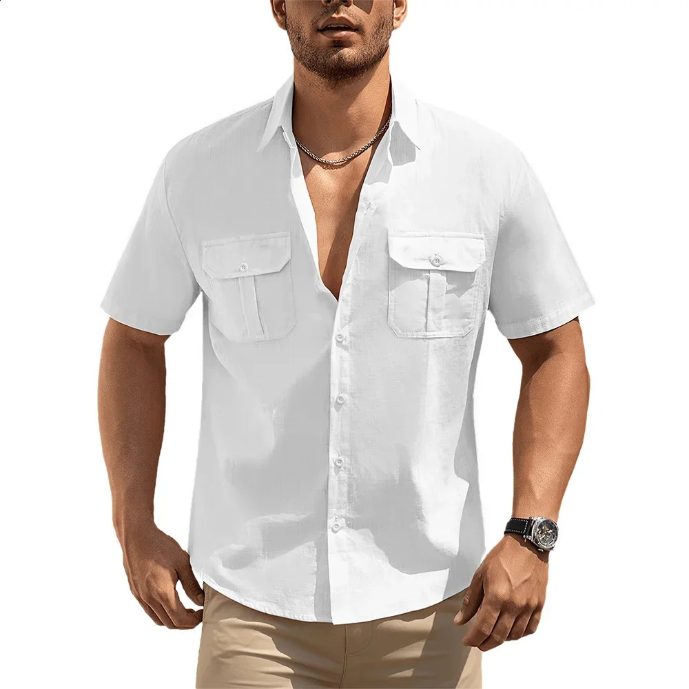 Cotton Linen Short Sleeve Shirts for Men Solid Color Double Pocket Single Breasted Lightweight Breathable Stylish Male Tops 260209
