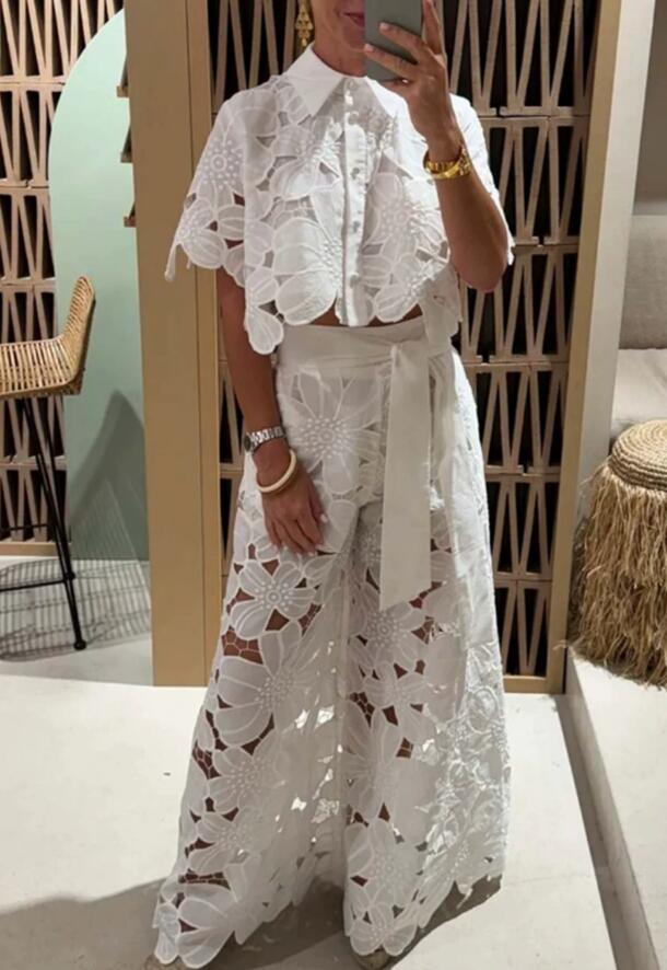 Pantalon deux pièces pour femmes, ensemble pour Cardigan élégant à manches d'été, costume blanc, vente en gros directe