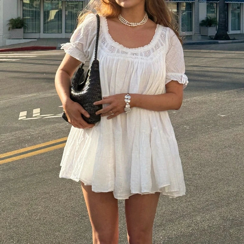 Femmes Vintage manches bouffantes robe de poupée plage jour fluide Mini robe Y2k Kawaii noeud papillon à volants une ligne robe courte été robe d