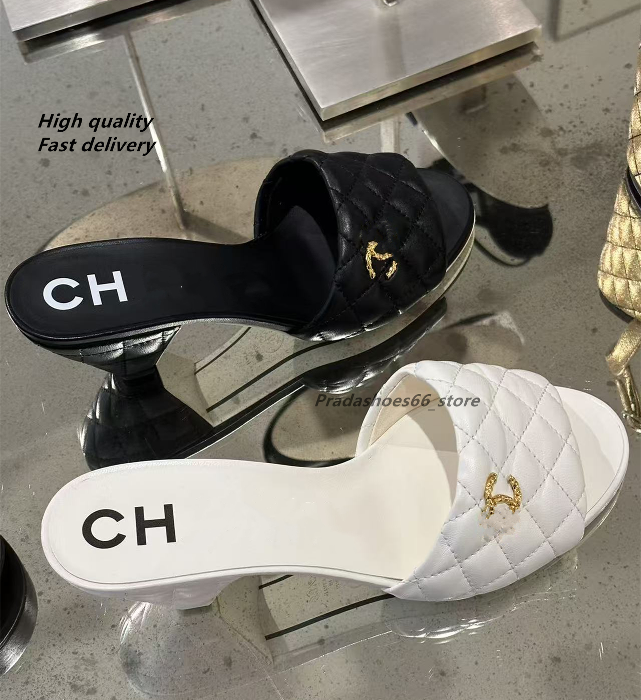 Paris Luxury Designer Chunky Heel Slides chan Fashion Summer quilted Slippers Women Holiday High Heel Dress Shoes For Woman 2026 Brand Sandal Mujer