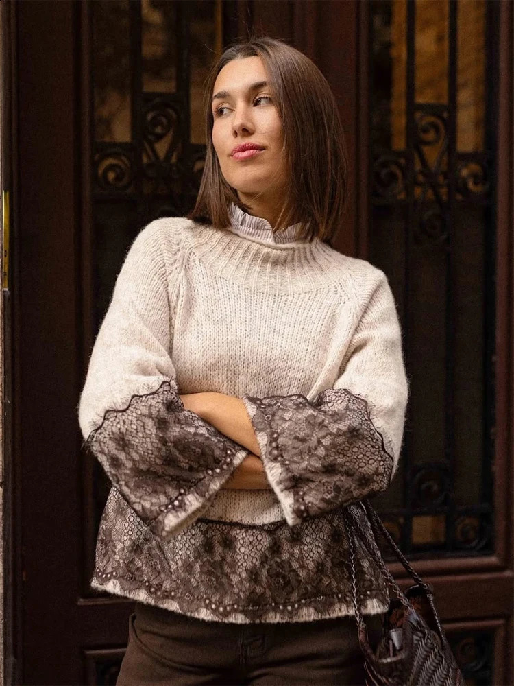 Elegant Lace Patchwork Pullover Women Chic Half-high Collar Full Sleeve Cropped Kintted Sweaters 2026 Lady Daily Commute Sweater 260129BJ