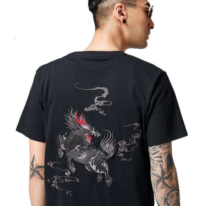 Men's T shirt Summer New Chinese Style Loose fitting Cotton Crew Neck Short sleeve With A Qilin Comfortable Soft Casual