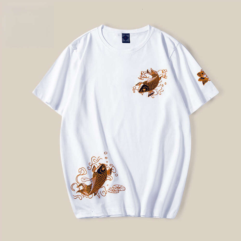 Men's T shir New Chinese Style Knitted Cotton Embroidered Short sleeve Round Neck Fashionable National Trend Top Koi Fish