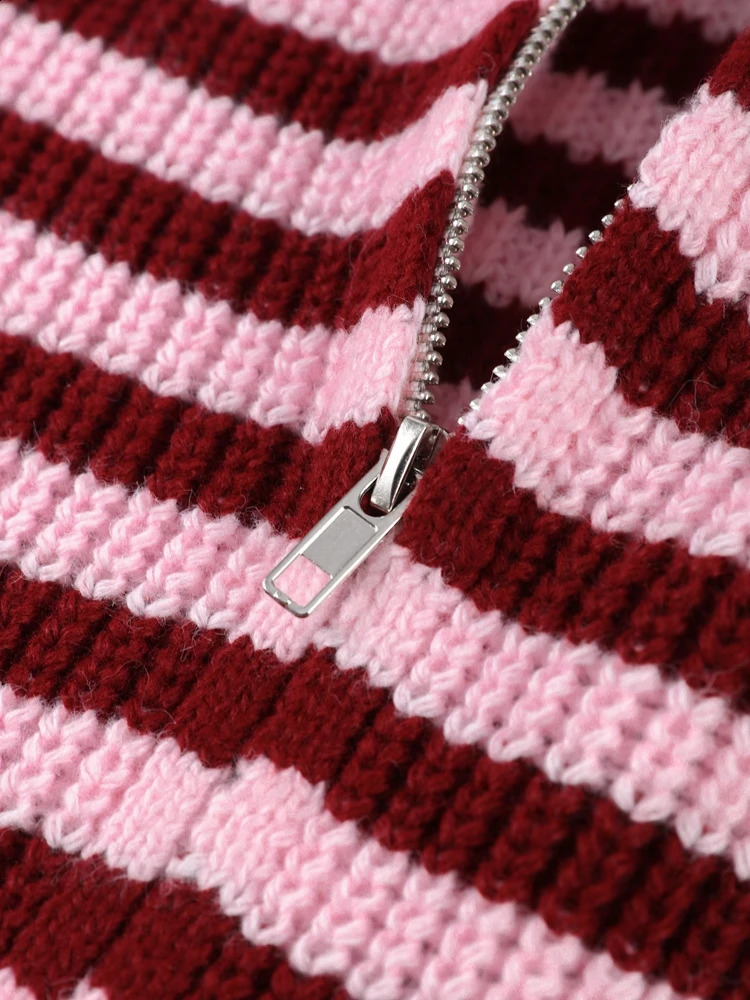 Womens Panelled Striped Zipper Knit Sweater Turtleneck Full Sleeve Coat 2026 Spring Autumn Female Casual Outings Daily Matching 260129BJ