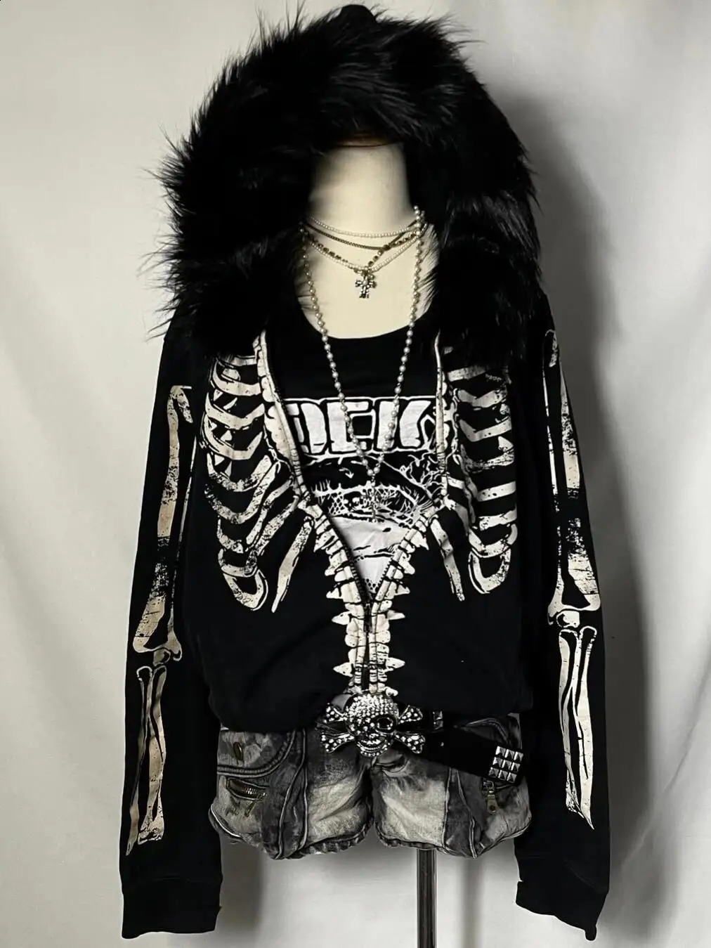 Autumn American Vintage Gothic Punk Outerwear Womens Fur Collar Skull Print Y2K Subcultural Hoodie Harajuku Casual Street Wear 260209