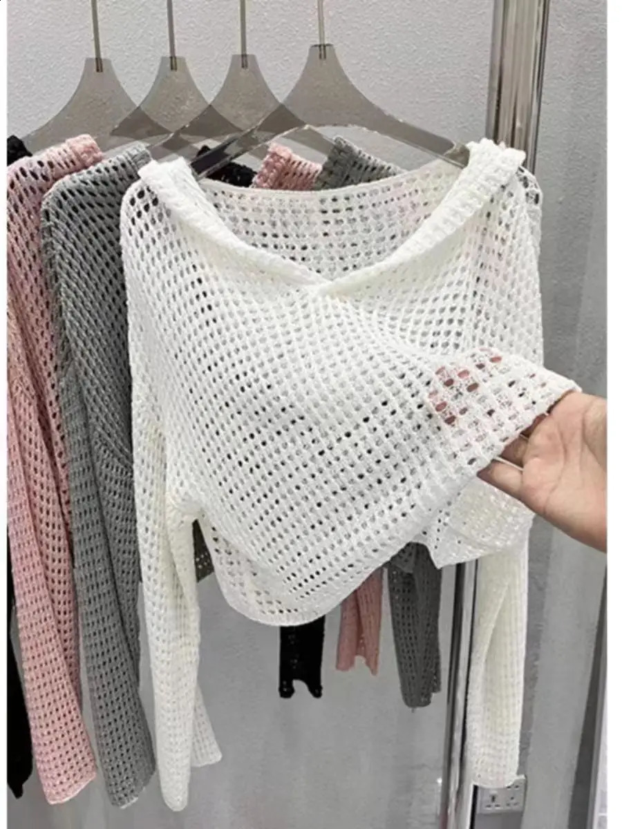 Pointelle Knit Hooded Sweater for Women Sheer Openwork Long Sleeve Boxyfit Pullover Crop Top Teengirl Spring Summer Y2K Outfit 260202