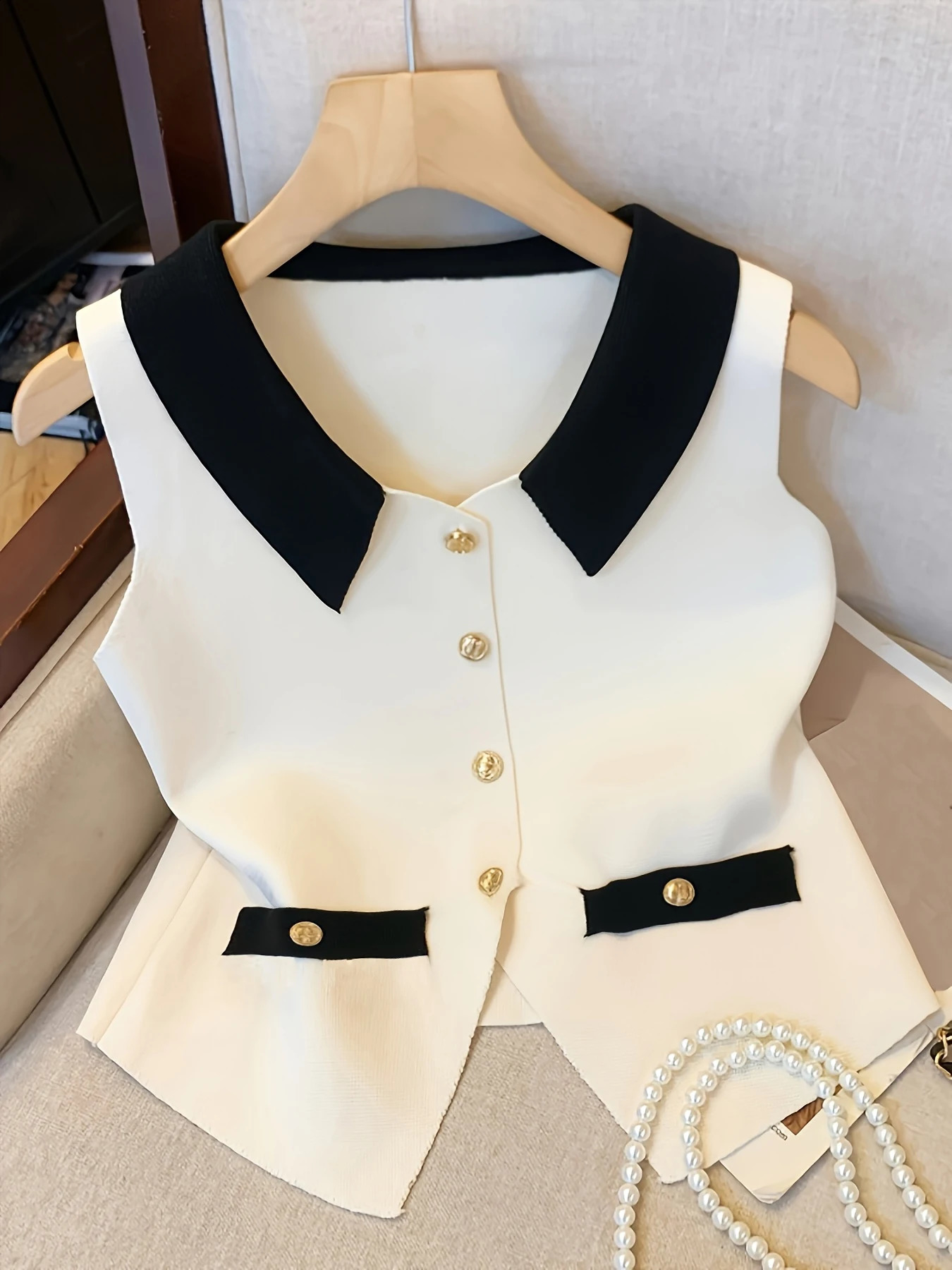 Dual Tone V-Neck Knit Vest for Women Chic Spring/Summer/Fall Sleeveless Top with Decorative Buttons Pearls Casual Sophisticated 260129BJ