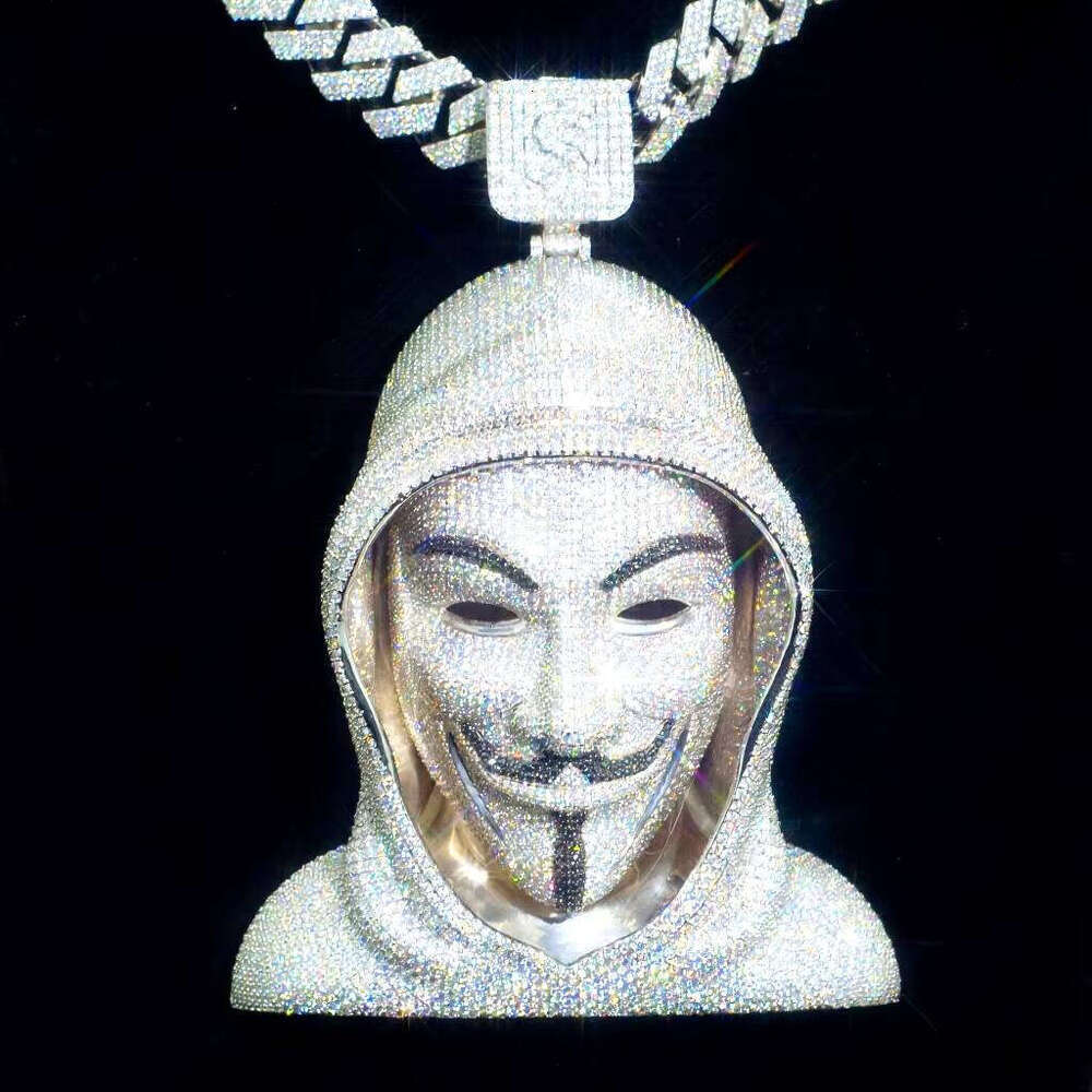 Custom Vvs Iced Out Moissanite 3D V For Vendetta Cartoon Hip Hop Pass Diamond Tester Silver Pendant Men