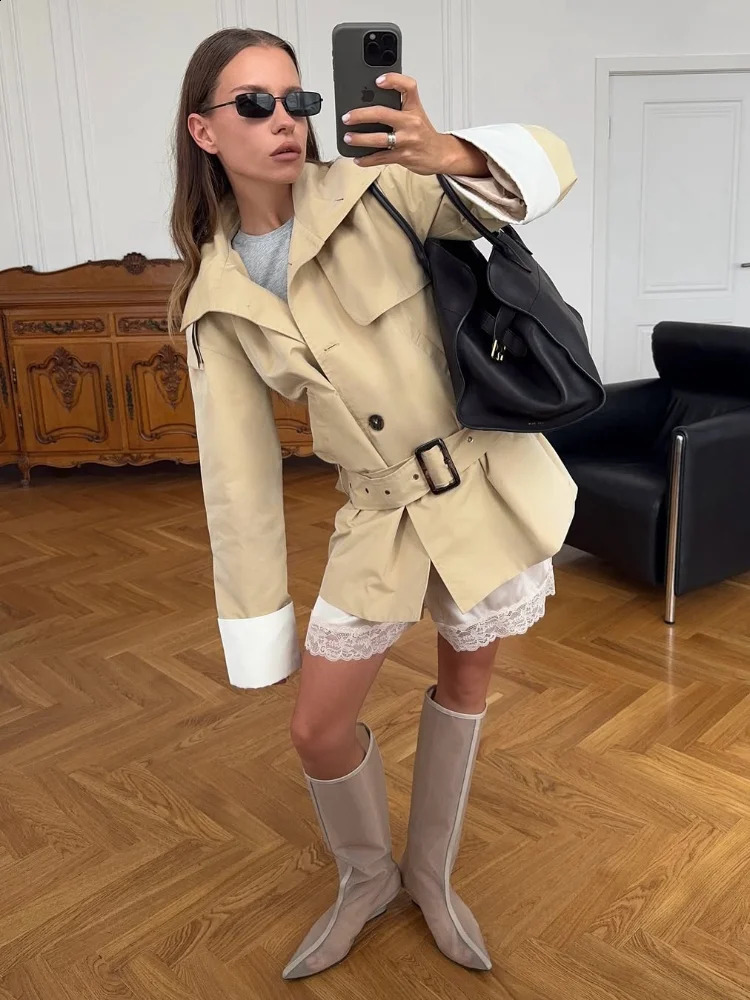Casual Stand Collar Belted Trench Coat Women Chic Contrast Cuff Single Breasted Loose Coats 2026 Lady Commute Street Windbreaker 260205BJ