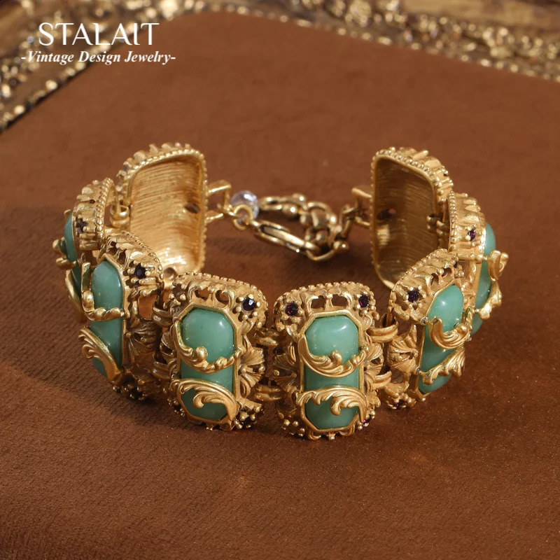 Vintage Green Jade Bracelet Made Of Natural Stones Wave Hollow Gold Color Woman Charm y Accessories Jewelry Gift Girlfriend 260918