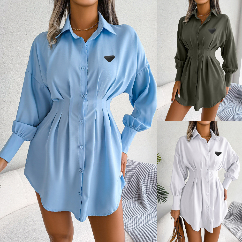 2026 Designer Womens Shirt Dresses Spring And Summer Casual Lantern Long Sleeve Waist-Cinched Asymmetrical Dress Shirt Skirts