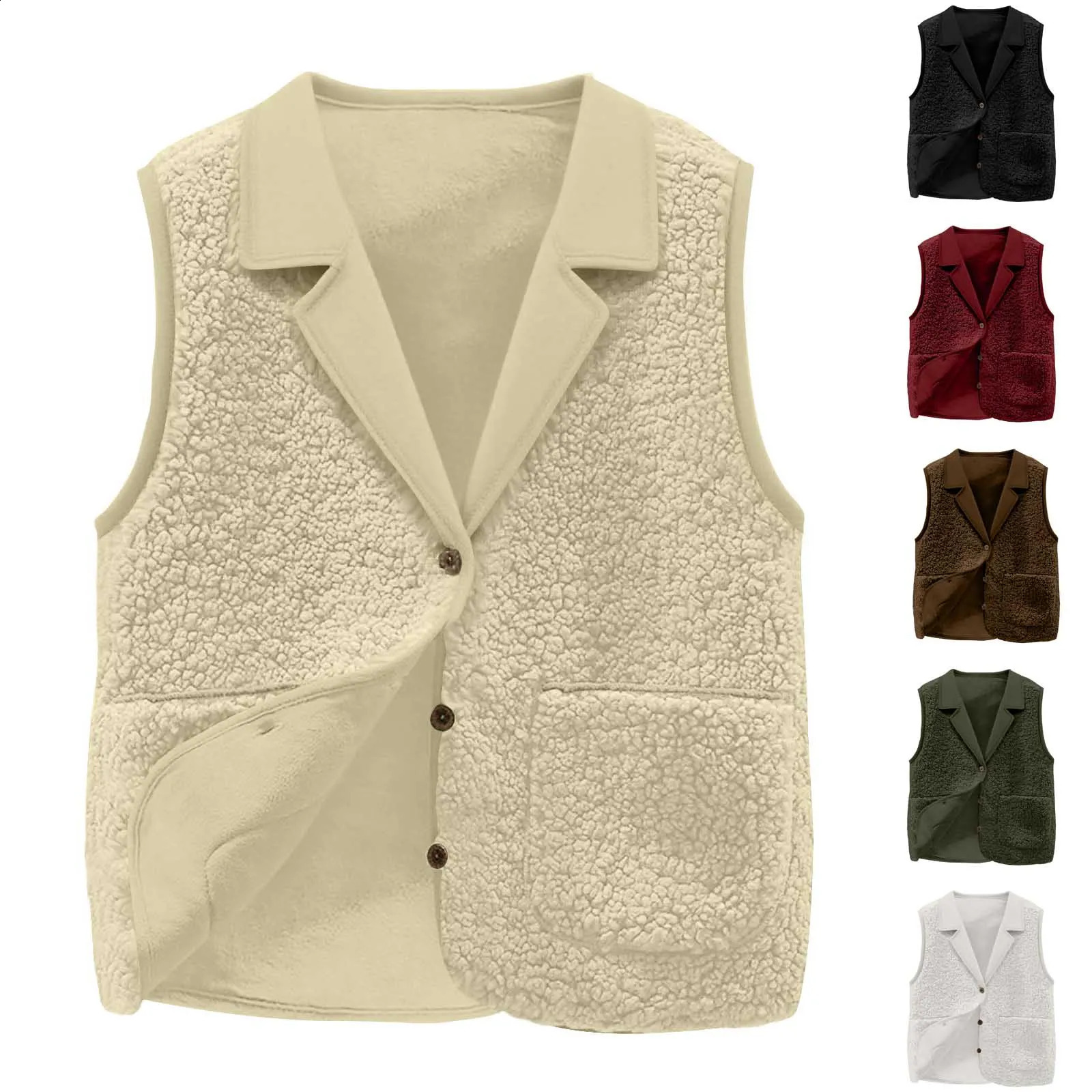 Womens Sherpa Fleece Vest Lapel Collar Button-Front Pockets Casual Warm Sleeveless Jacket Coat for Autumn Winter 260129BJ