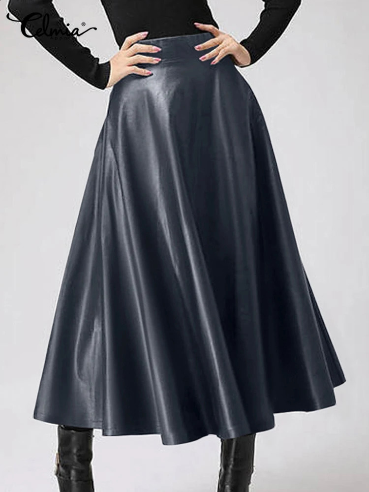 Women Long Skirts Fashion Leather PU Skirt Celmia 2023 Solid Office Lady Midi Elegant HighWaisted Party Bottoms 260209