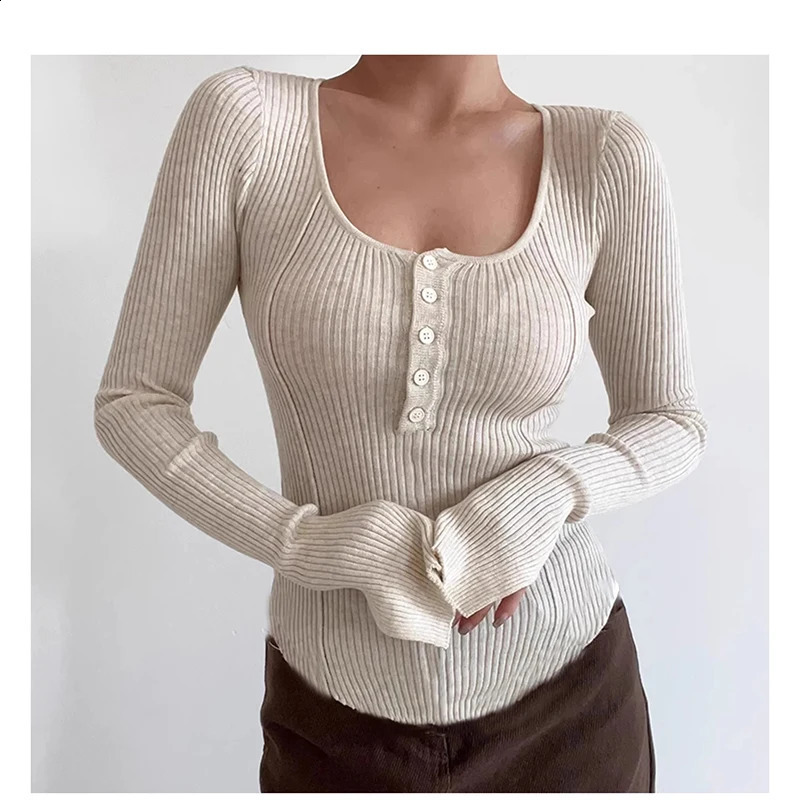 Womens Clothing Fashion All-match Solid Knit Pullovers Spring Summer Elegant Square Collar Chic Button Sweater Lady Vintage Top 260129BJ