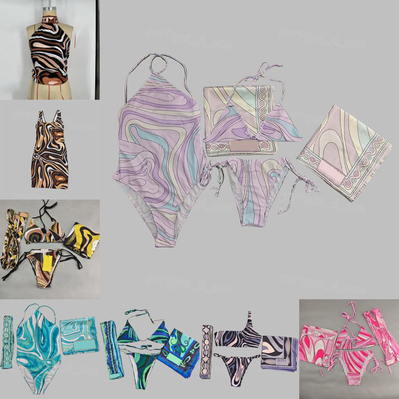 Luxury Brand Women Bikini Swimwear with Headband Cover Up Scarf Designer Pilates Yoga Outfits Colorblocked Rainbow Swimsuit Summer Beach Vacation-image-755160467
