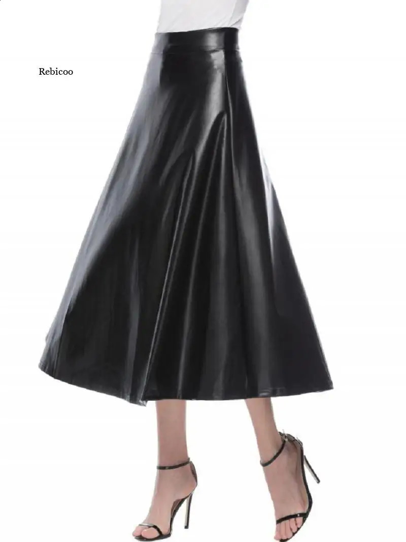 Women Pu Leather Skirt Fashion Long Skirts Solid Color Office Lady Midi Elegant High Waist Party Bottoms 260209