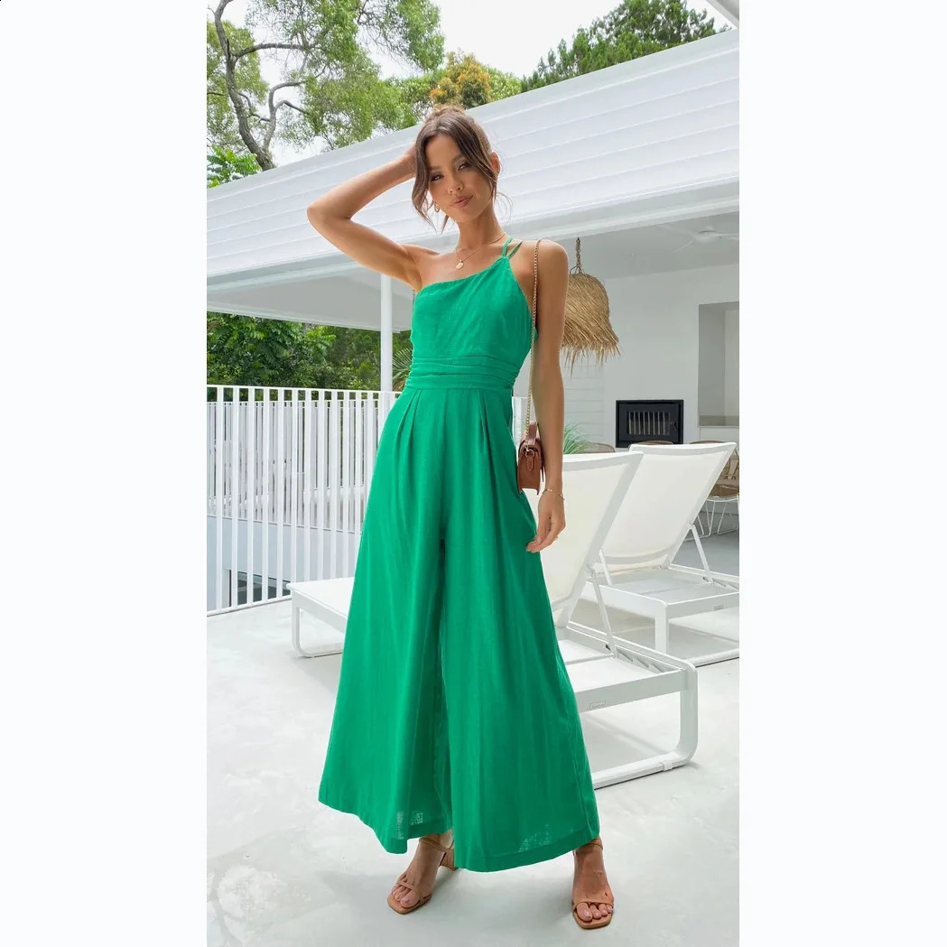 Spring Summer One Shoulder Jumpsuits Women Trendy Solid Color Backless Sleeveless Loose Wide Leg Jumpsuit Casual Female Clothing 260209