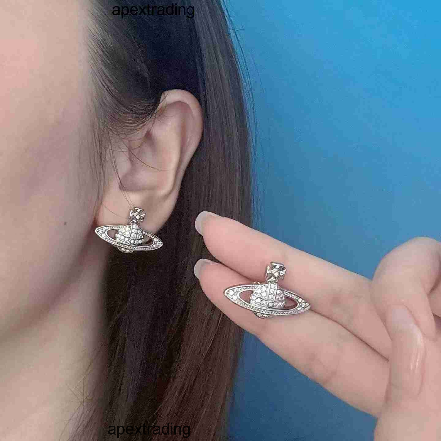 Stud Designer Wests Woods High End Queen Dowager 925 Silver Classic Full Diamond Saturn Earrings with Female Niche D viviane Vivienme