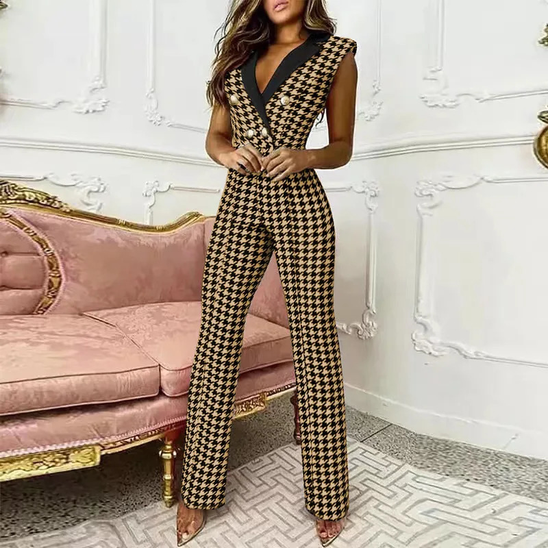 Office Lady Sleeveless Fashion Houndstooth Print Deep V Neck Button Straight Jumpsuit Summer Elegant Commuting 260209