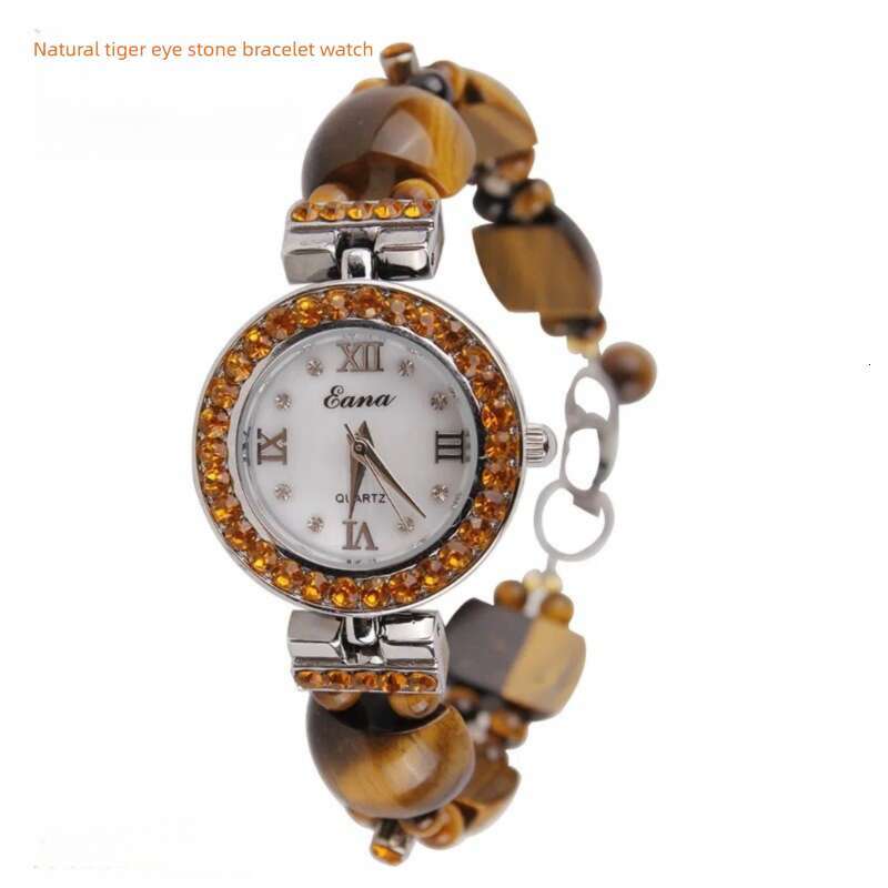 Natural stone bracelet, retro diamond inlaid round women's watch, high-end seashell face watch, wristwatch