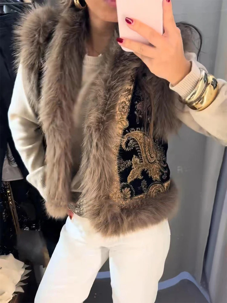Women Embroidery Fur Patchwork Vest Elegant Sleeveless Cropped Vests Lady Daily Fashion Chic Vintage Holiday Waistcoat 2026 260129BJ