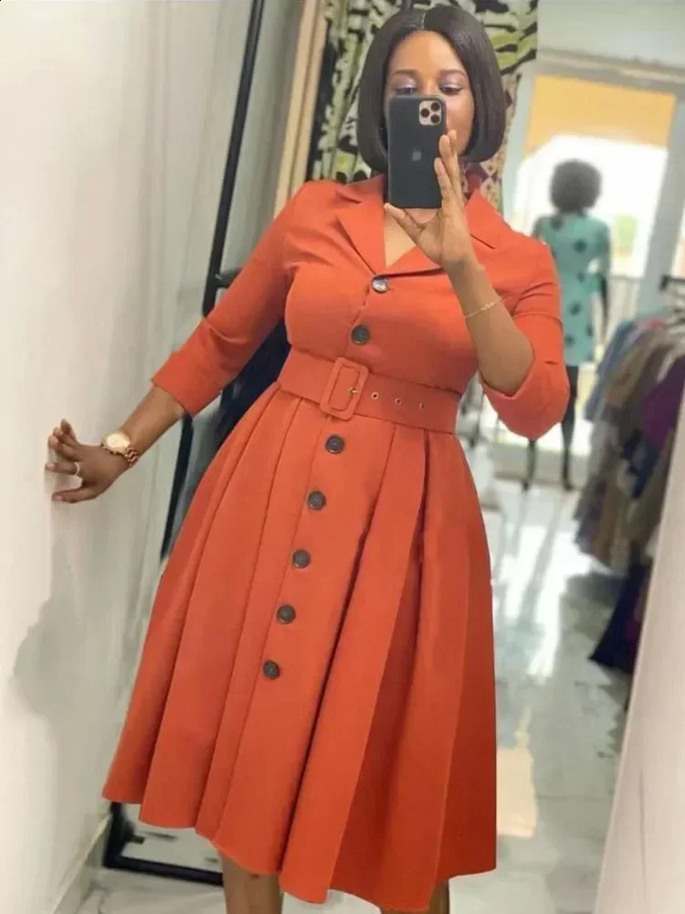 Robes de bureau pour femmes à manches longues boutonnées revers cranté ceinture une ligne Midi élégant travail affaires église porter 260120