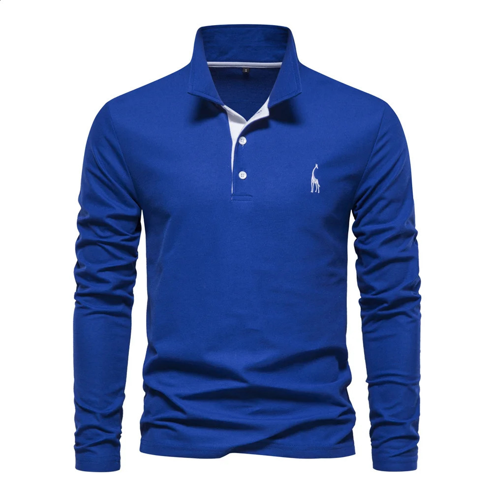 AIOPESON Deer Embroidery Mens Polo Shirts Solid Color Long Sleeve Polo Shirts for Men Spring Social Business Polos Male 260616BJ