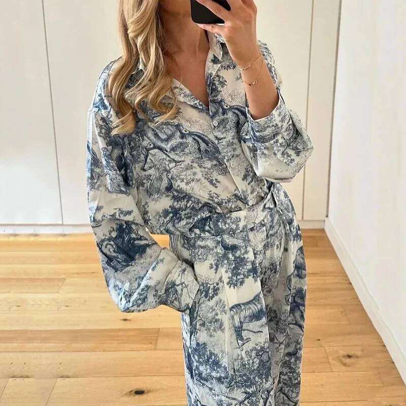 New DesignSpring And Summer New Fashion Women 's Printed Casual Trendy Loose 2 Pieces Sets Turn-Down Collar Long Sleeve Wide Leg Pants Female