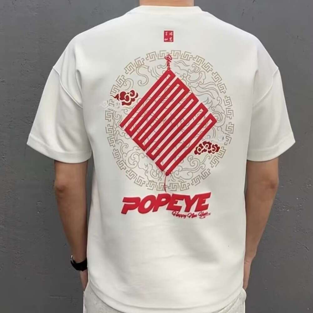 Men's T shirt Vintage New Year Print Combining Chinese Style Loose Cut Firecracker And Cloud Patterns Are Full Of Festive Atmosphere