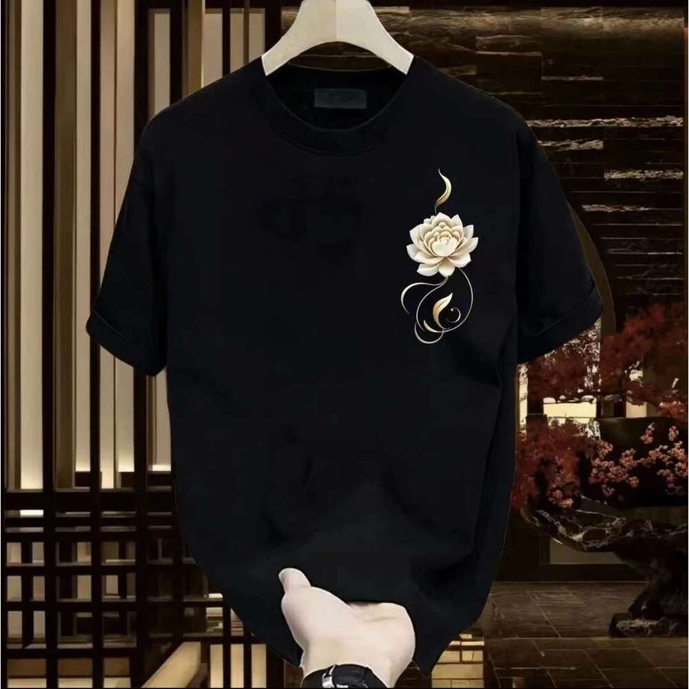 Men's T shirt New Chinese Style Loose Fit Exquisite Golden Lotus Print On The Shoulder Breathable And Skin friendly Fabric Daily Commute