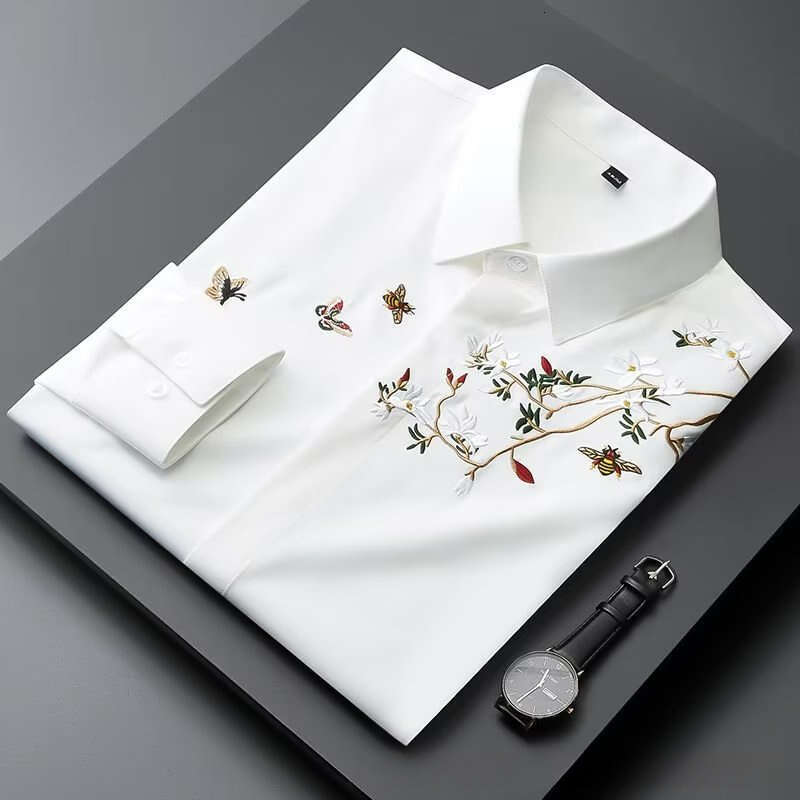 Men's Long sleeve Shirt New Chinese Style Flower Bird Embroidered white structured fit exquisite flower branch bee and butterfly embroidery on