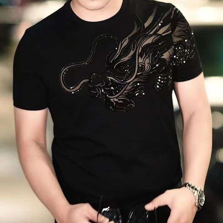 Men's T shirt Chinese Style Print Short sleeve Black Slim Fit Domineering Hotfix Rhinestone Dragon Pattern On Front