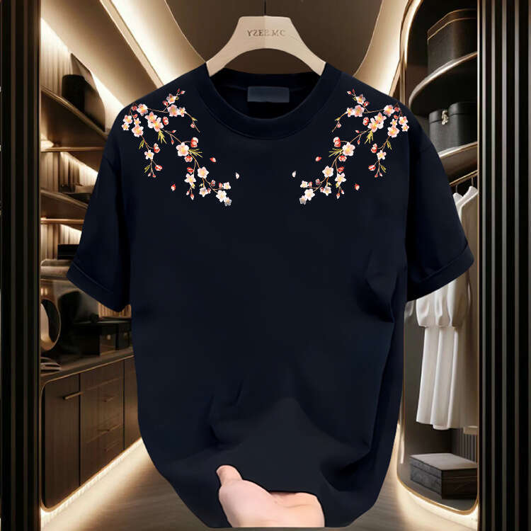 Men's T shirt New Chinese Style Blossom Loose Fit Exquisite Print Plum Branch On Neckline Breathable Skin friendly Fabric Comfortable Soft Casu
