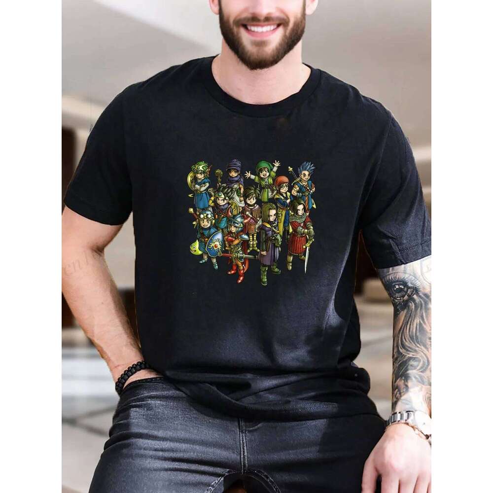 Men's Printed Short Sleeve T-Shirt - Dragon Quest Characters Design, 100% Cotton, Ultra Soft Breathable, Casual & Trendy, Perf Z260224