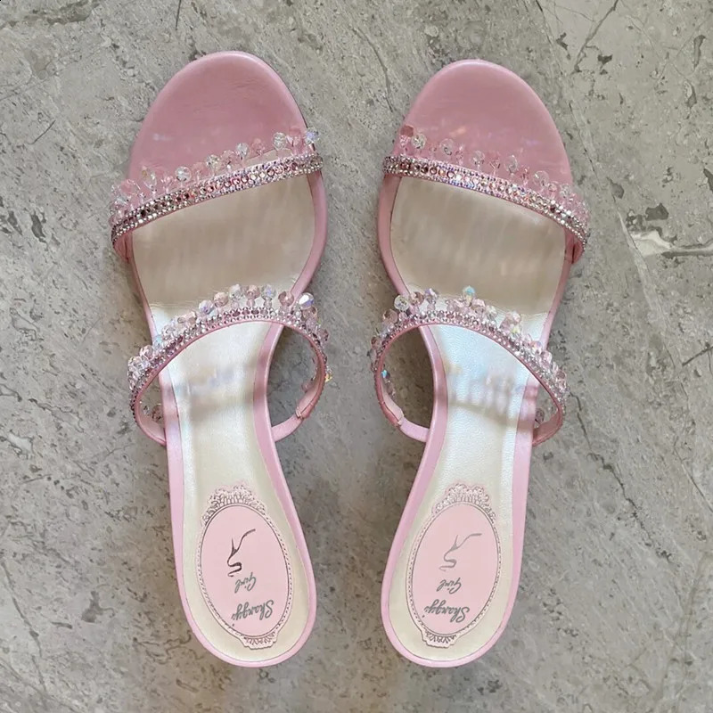 Summer Sexy Women Sandals Thin Heel Rhinestone High Heels Open Toe Backless Slippers Fairy Style 260208BJ