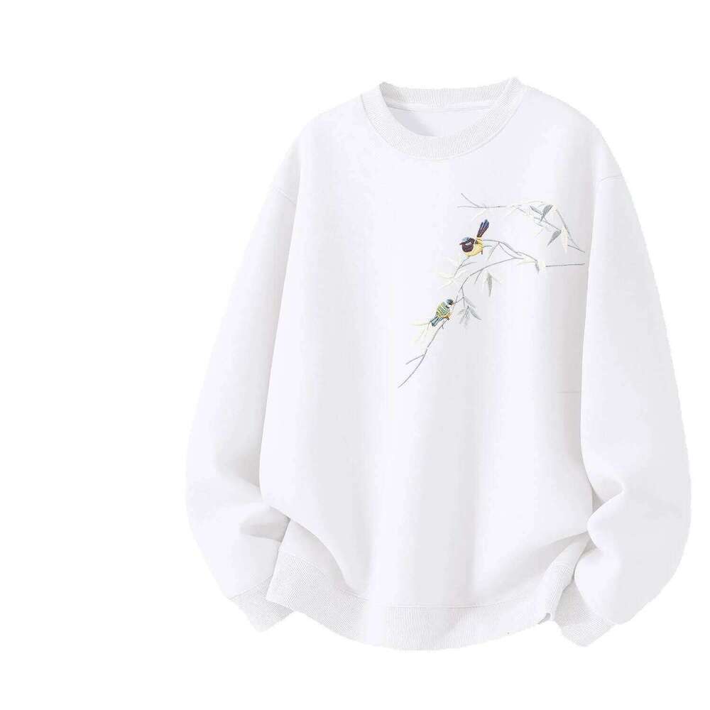 Men's Crewneck Sweatshirt New Chinese Style loose fit elegant bamboo and bird Print on chest fleece fabric for warmth cb
