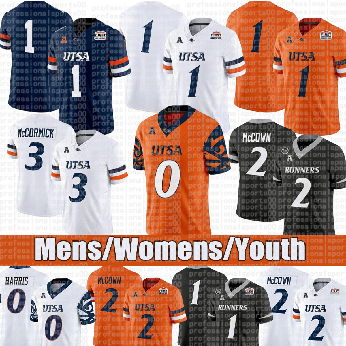 Maillot de football UTSA Roadrunners # 12 Gerlich # 10 Lugo # 2 McCown # 17 Tennison # 38 Andrews # 25 Arthur Maillots de football