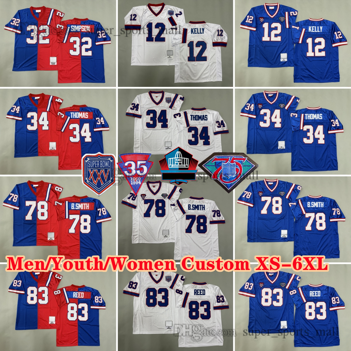 Personnalisé DIY S-6XL Retour 34 Thurman Thomas 1990 Maillots de Football 78 Bruce Smith 12 Jim Kelly 32 O.J.Simpson Cookie Gilchrist 56 Darryl T