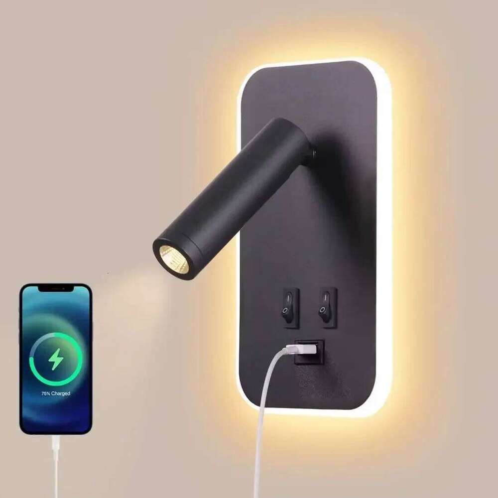 Mur de chargement USB minimaliste à LED avec interrupteur à double commande, la tête de lampe peut pivoter à 330° pour l'éclairage intérieur du c