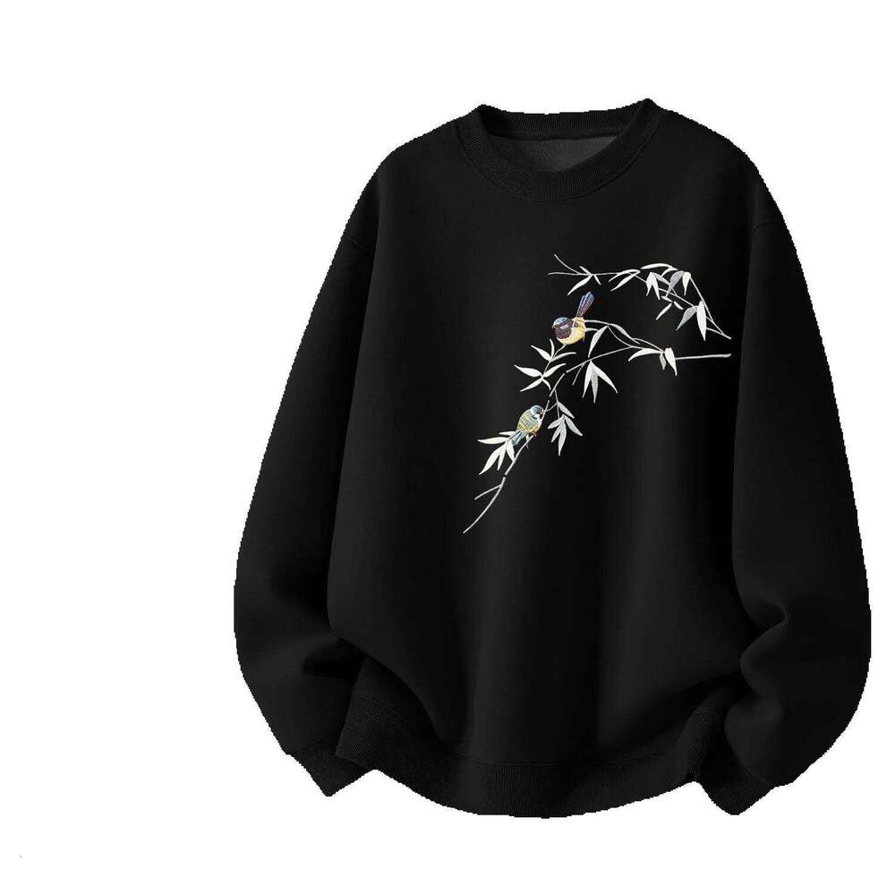 Men's Crewneck Sweatshirt New Chinese Style loose fit elegant bamboo and bird Print on chest fleece fabric for warmth Comfortable Soft Casual f