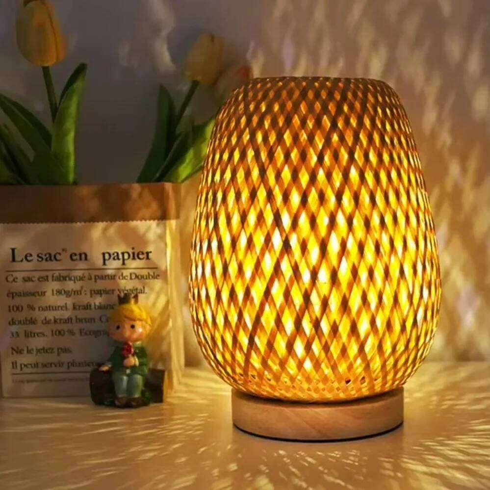 Mesa de bambú hecha a mano, mesita de noche de madera, decoración Vintage para sala de estar, noche para dormitorio, lámpara de escritorio con luz d