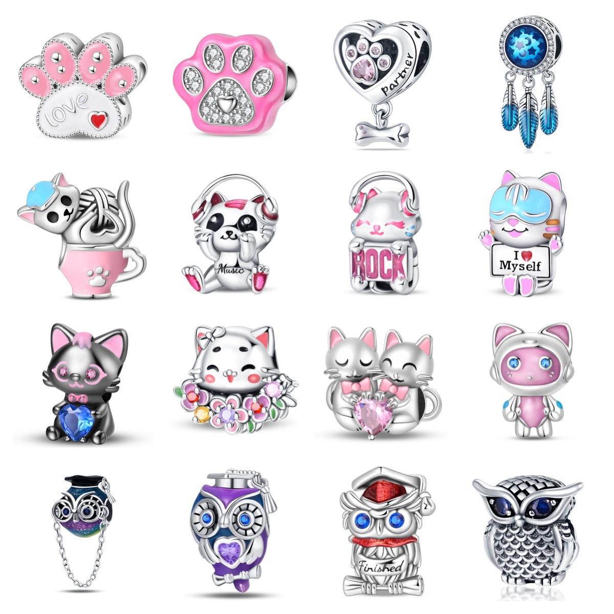 Designer Charm Silver S925 Pendant Cute Pet Cat Owl Bead Zircon DIY Jewelry Bracelet Accessories Free Shipping